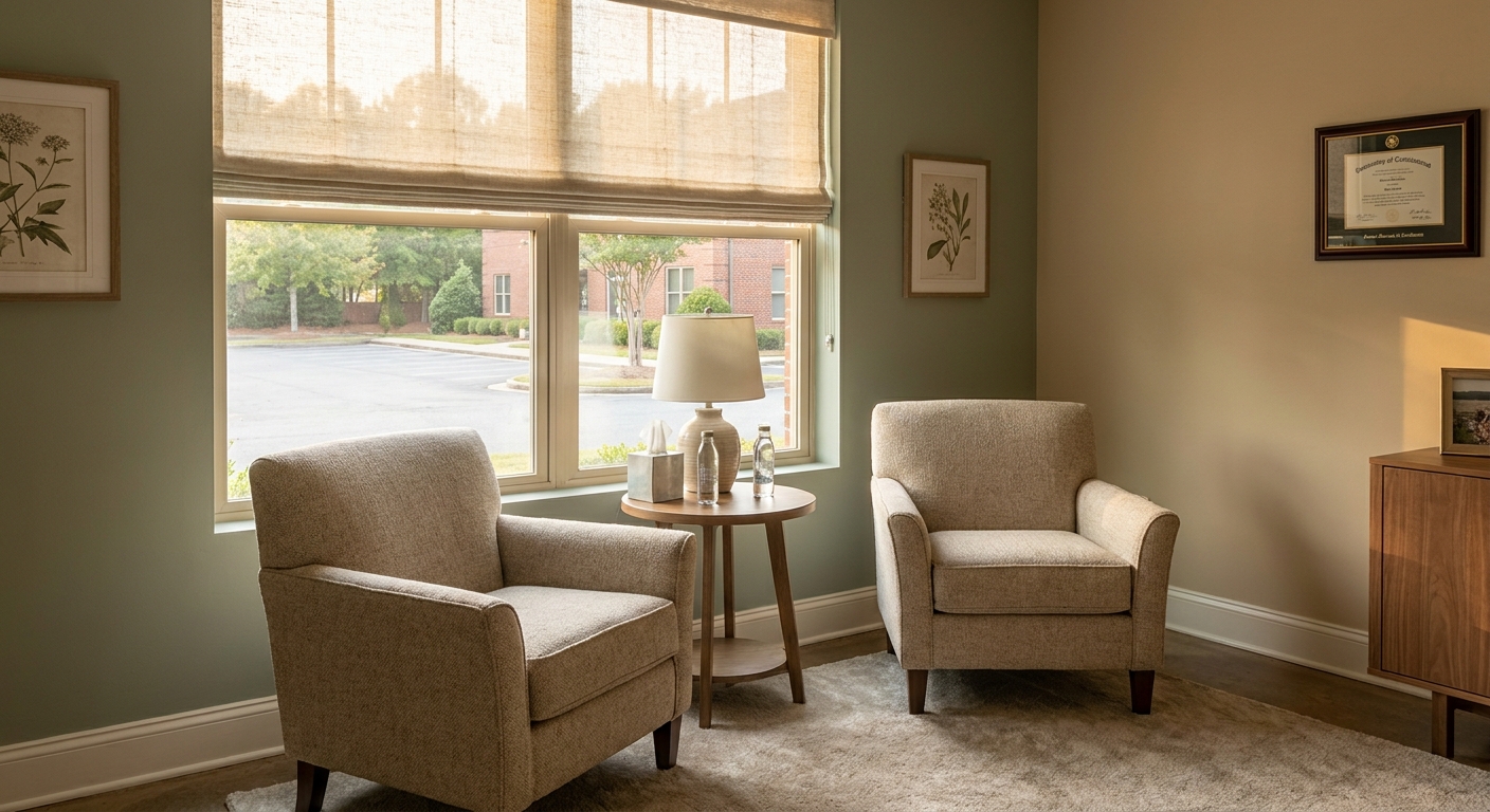 Private counseling office with two chairs near window in Alpharetta treatment facility