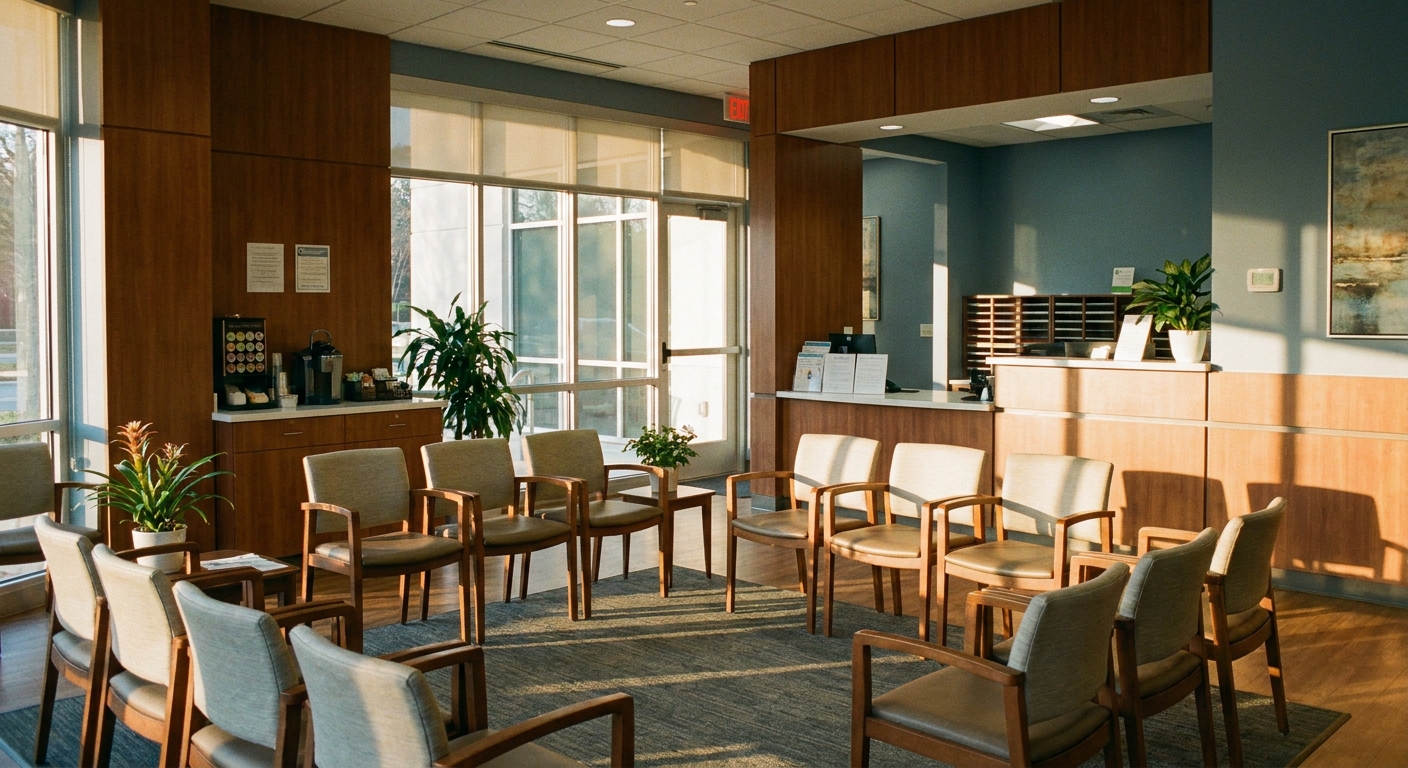 Early morning waiting room at North Fulton Treatment Center in Roswell showing calm clinical space with natural light and organized reception area